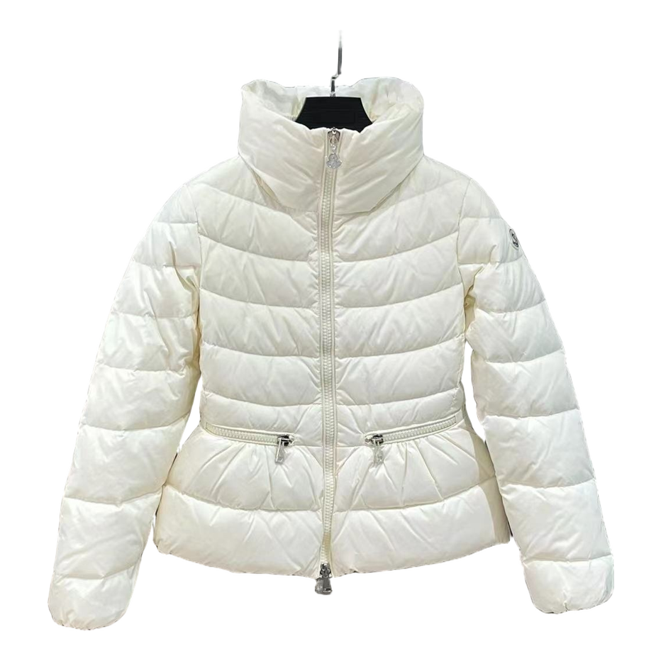 Moncler Stand-Collar Down Puffer Jacket with Drawstring Waist in Ivory