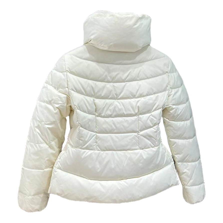Moncler Stand-Collar Down Puffer Jacket with Drawstring Waist in Ivory