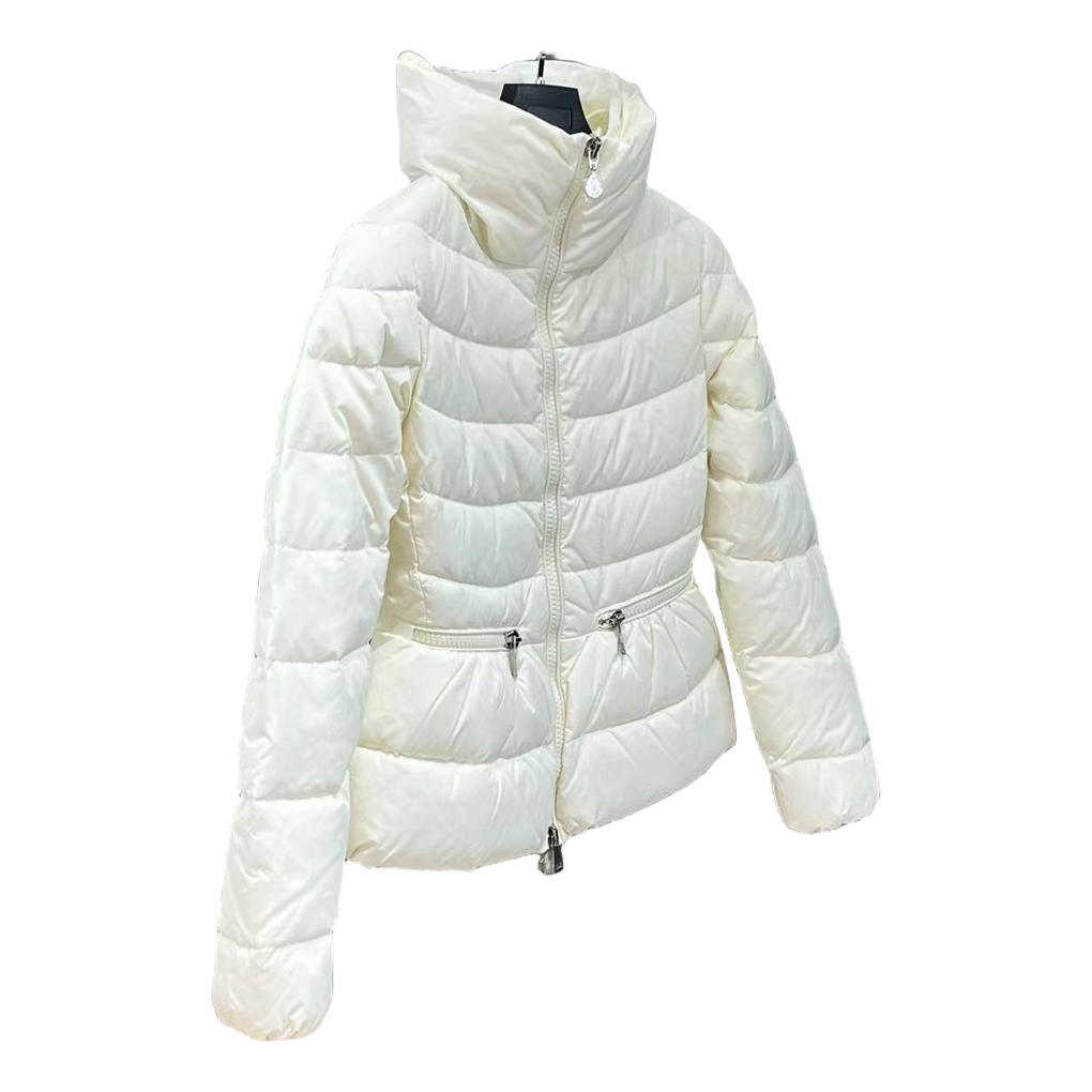 Moncler Stand-Collar Down Puffer Jacket with Drawstring Waist in Ivory