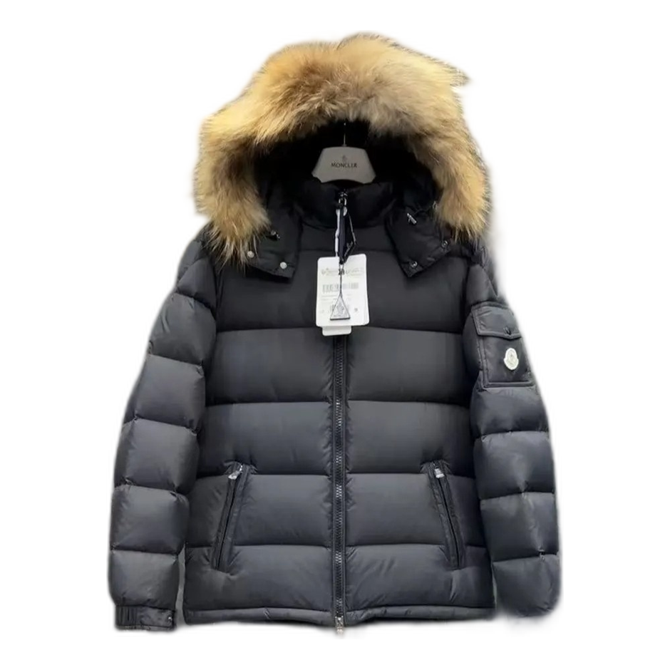 Moncler Fur-Trim Hooded Short Down Puffer Jacket in Black