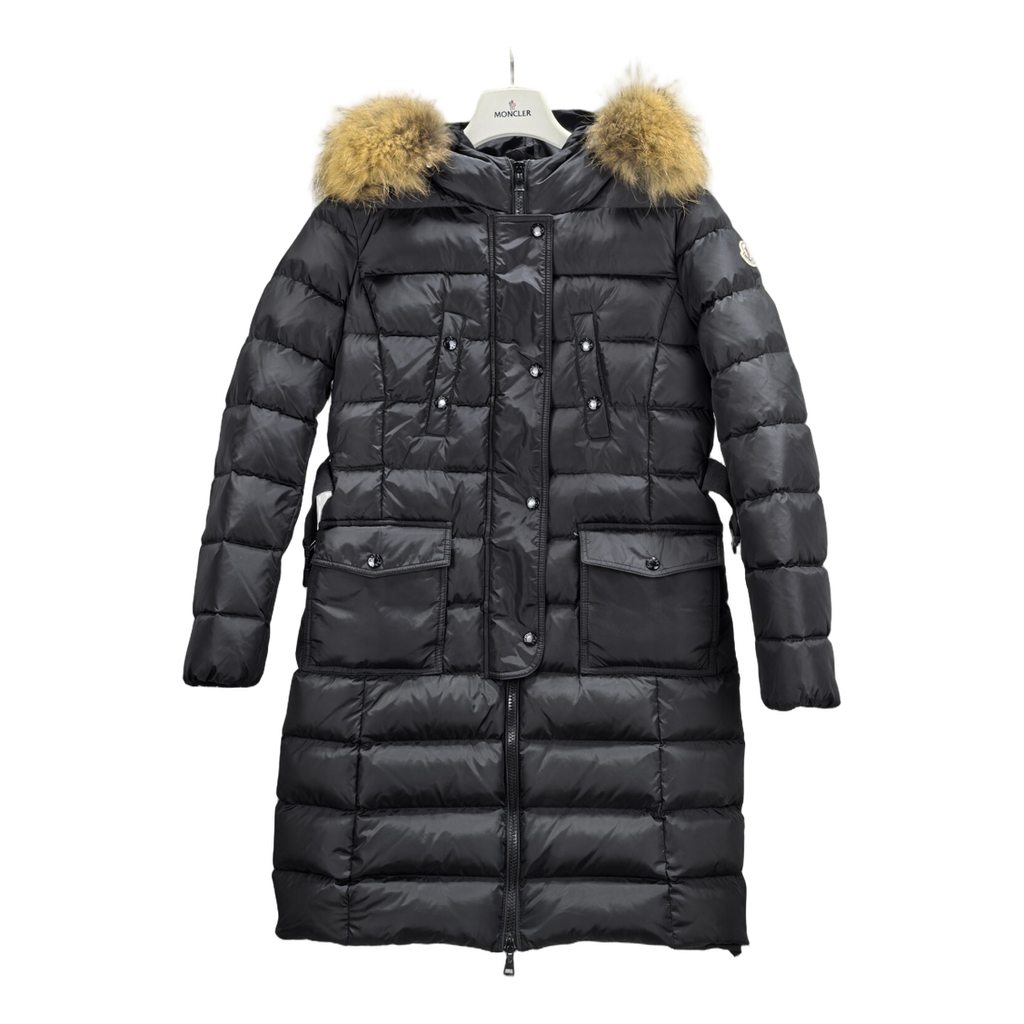 Moncler Four-Pocket Fur-Trim Hooded Long Down Coat in Black