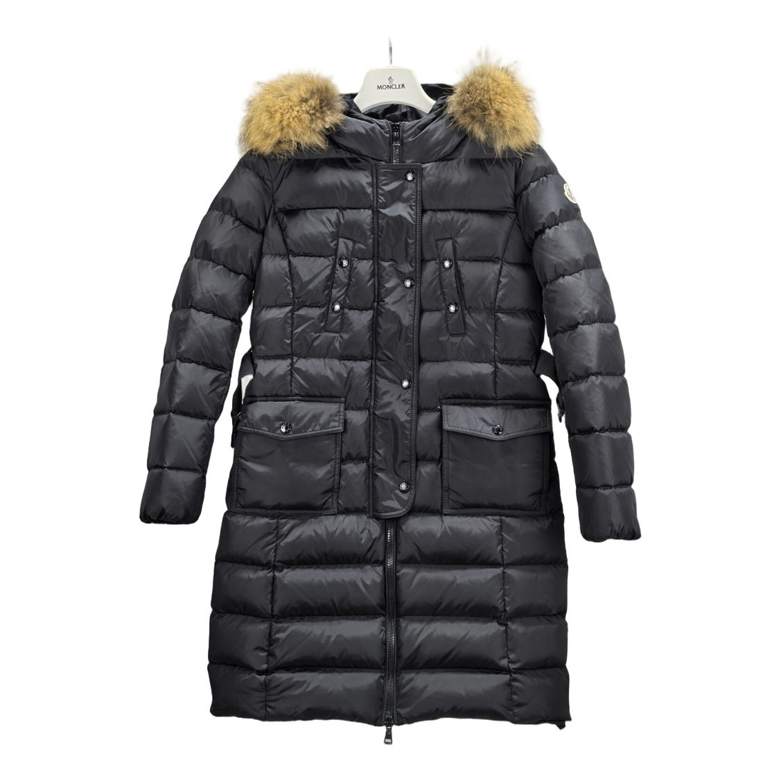 Moncler Four-Pocket Fur-Trim Hooded Long Down Coat in Black