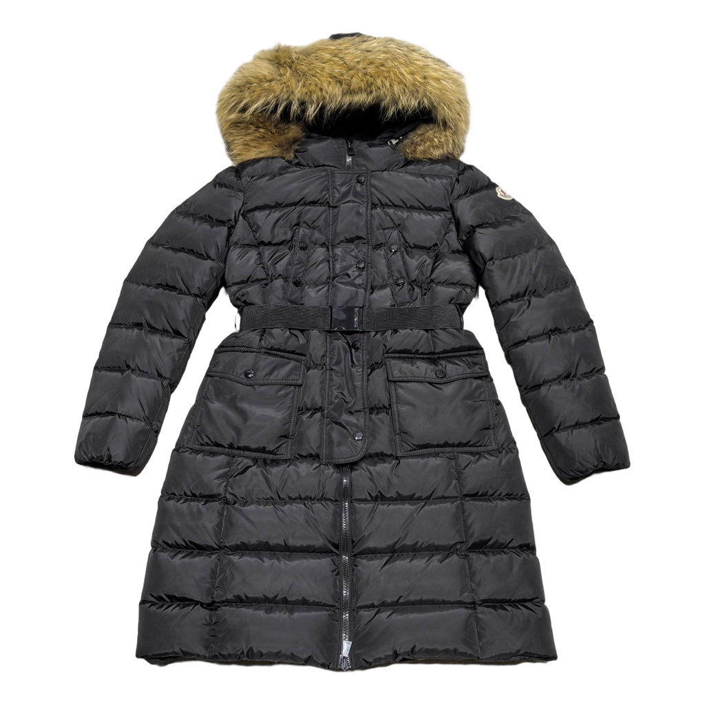 Moncler Four-Pocket Fur-Trim Hooded Long Down Coat in Black