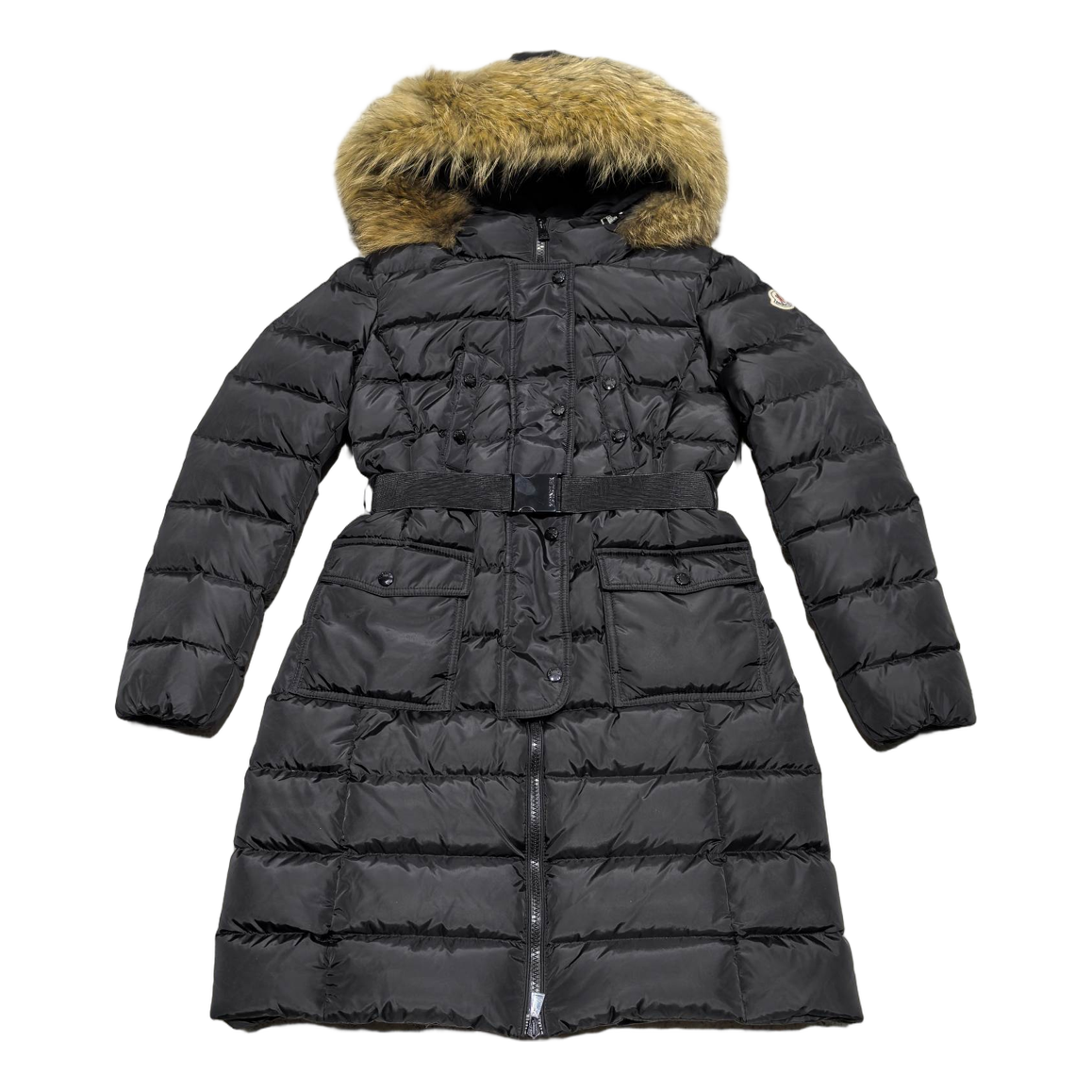 Moncler Four-Pocket Fur-Trim Hooded Long Down Coat in Black