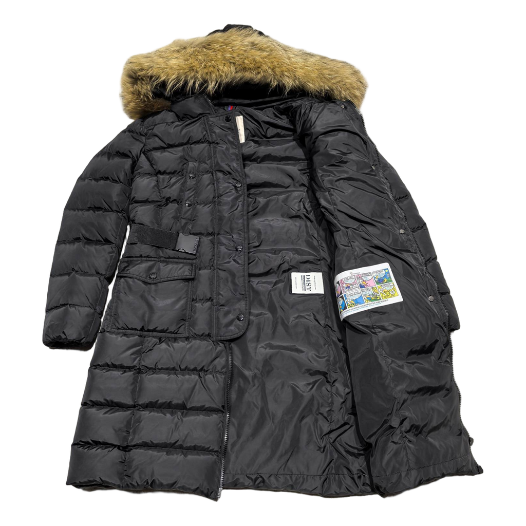 Moncler Four-Pocket Fur-Trim Hooded Long Down Coat in Black