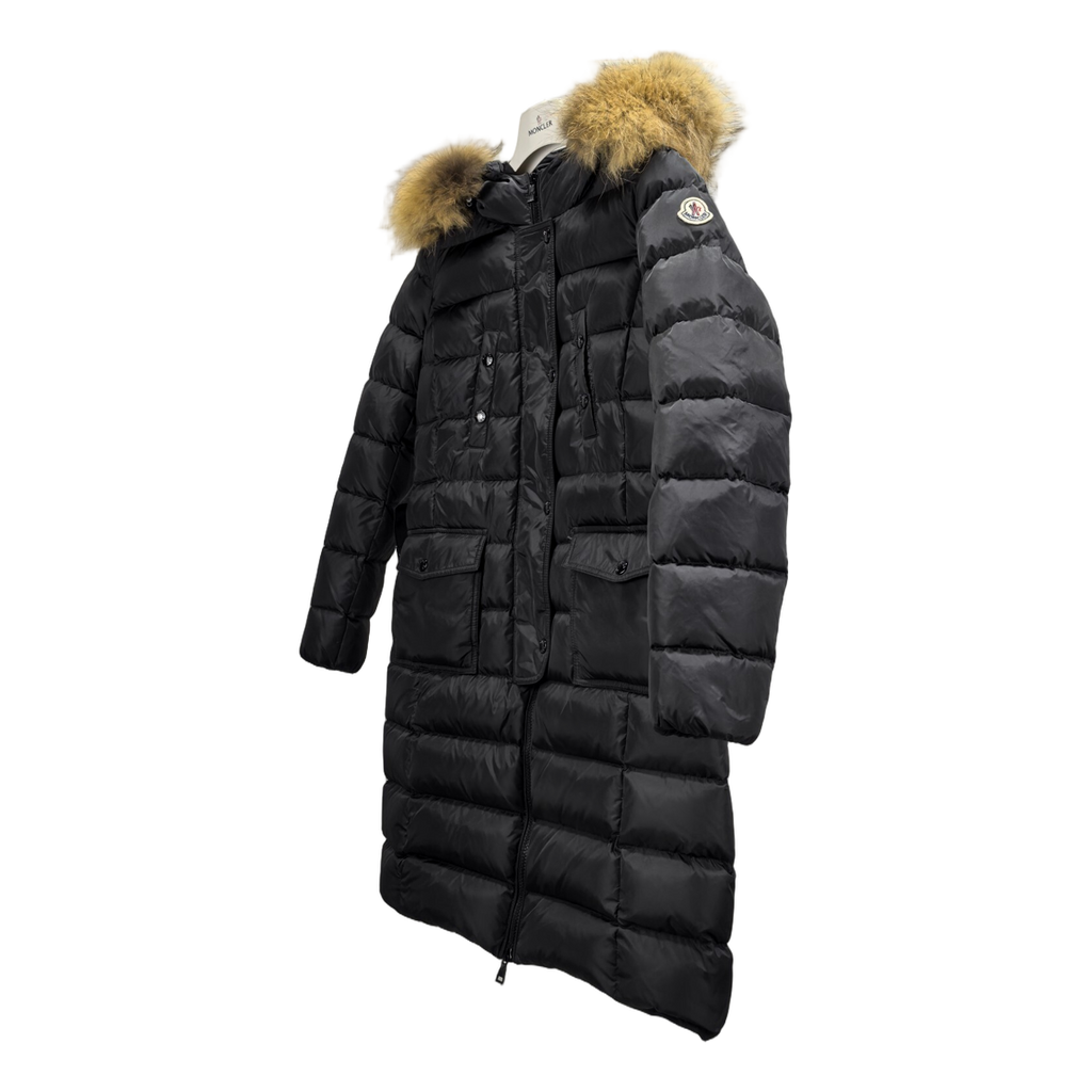 Moncler Four-Pocket Fur-Trim Hooded Long Down Coat in Black
