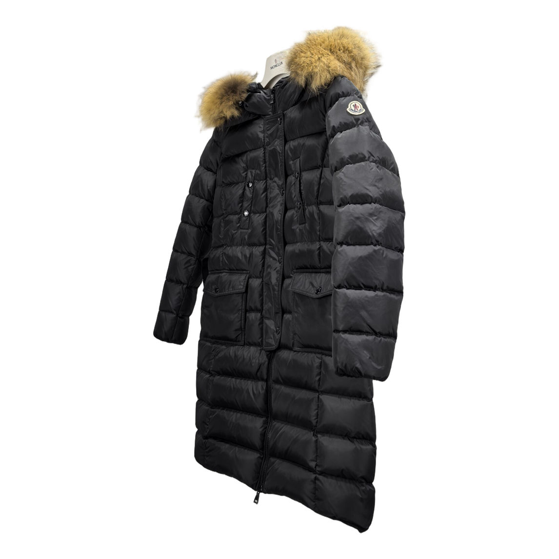 Moncler Four-Pocket Fur-Trim Hooded Long Down Coat in Black