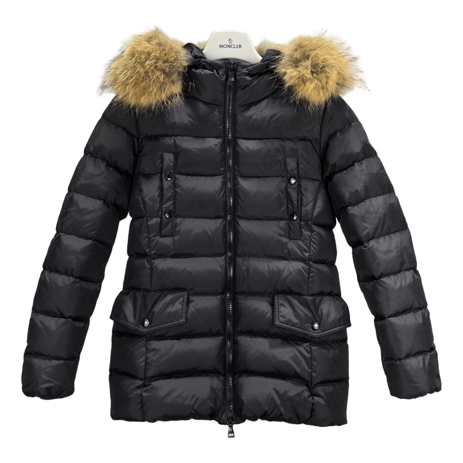 Moncler Belted Fur-Trim Hooded Down Jacket in Black with Four Pockets