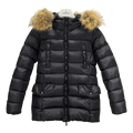 Moncler Belted Fur-Trim Hooded Down Jacket in Black with Four Pockets