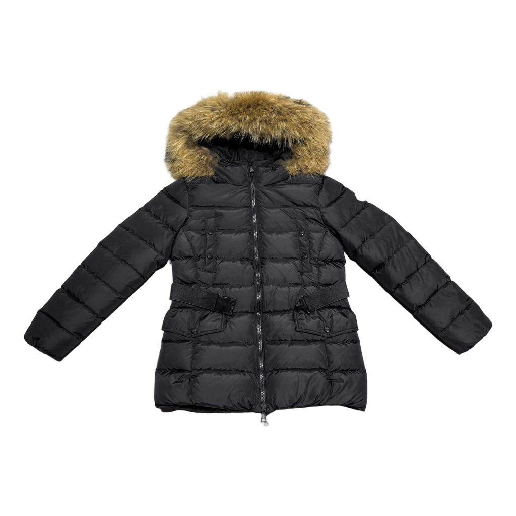 Moncler Belted Fur-Trim Hooded Down Jacket in Black with Four Pockets