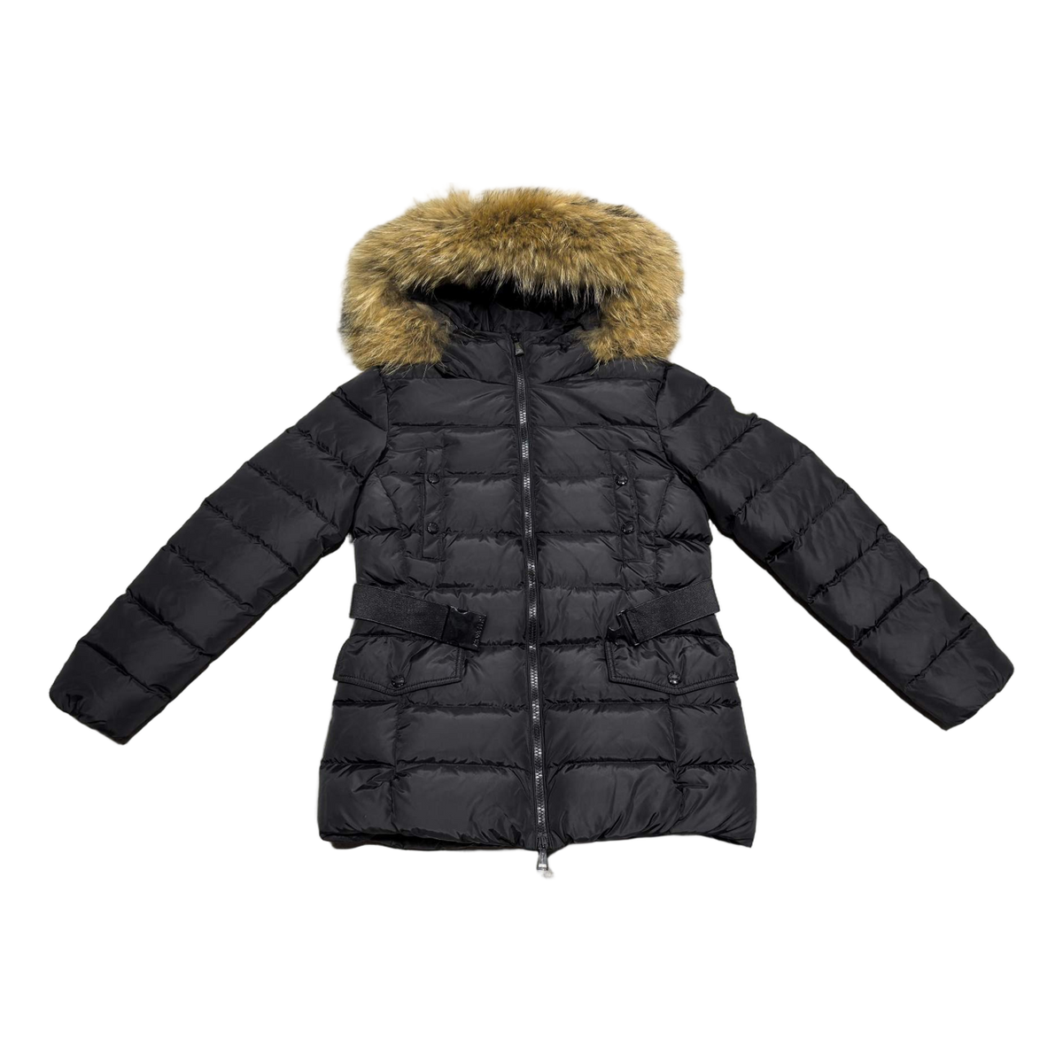 Moncler Belted Fur-Trim Hooded Down Jacket in Black with Four Pockets