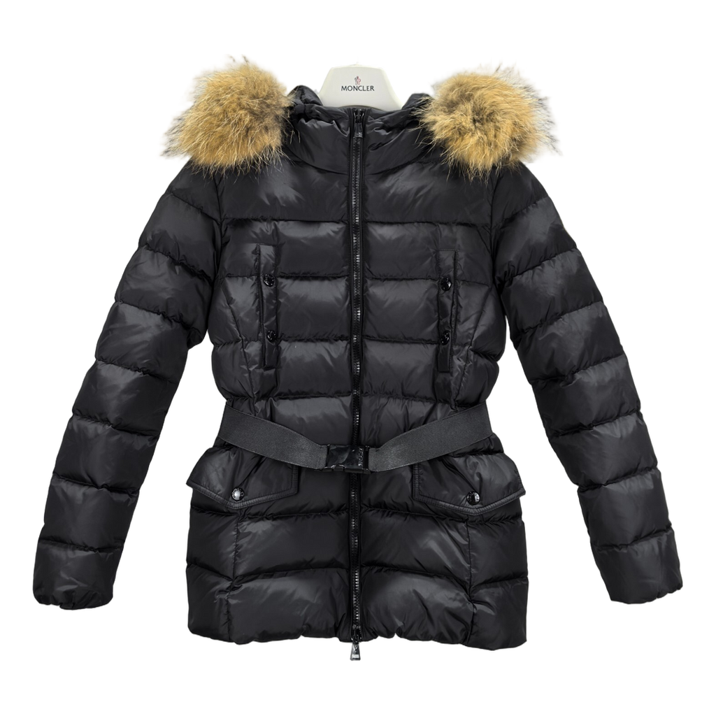 Moncler Belted Fur-Trim Hooded Down Jacket in Black with Four Pockets