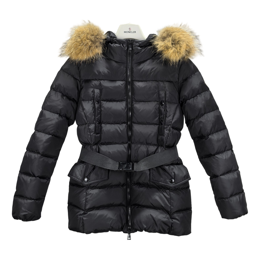 Moncler Belted Fur-Trim Hooded Down Jacket in Black with Four Pockets
