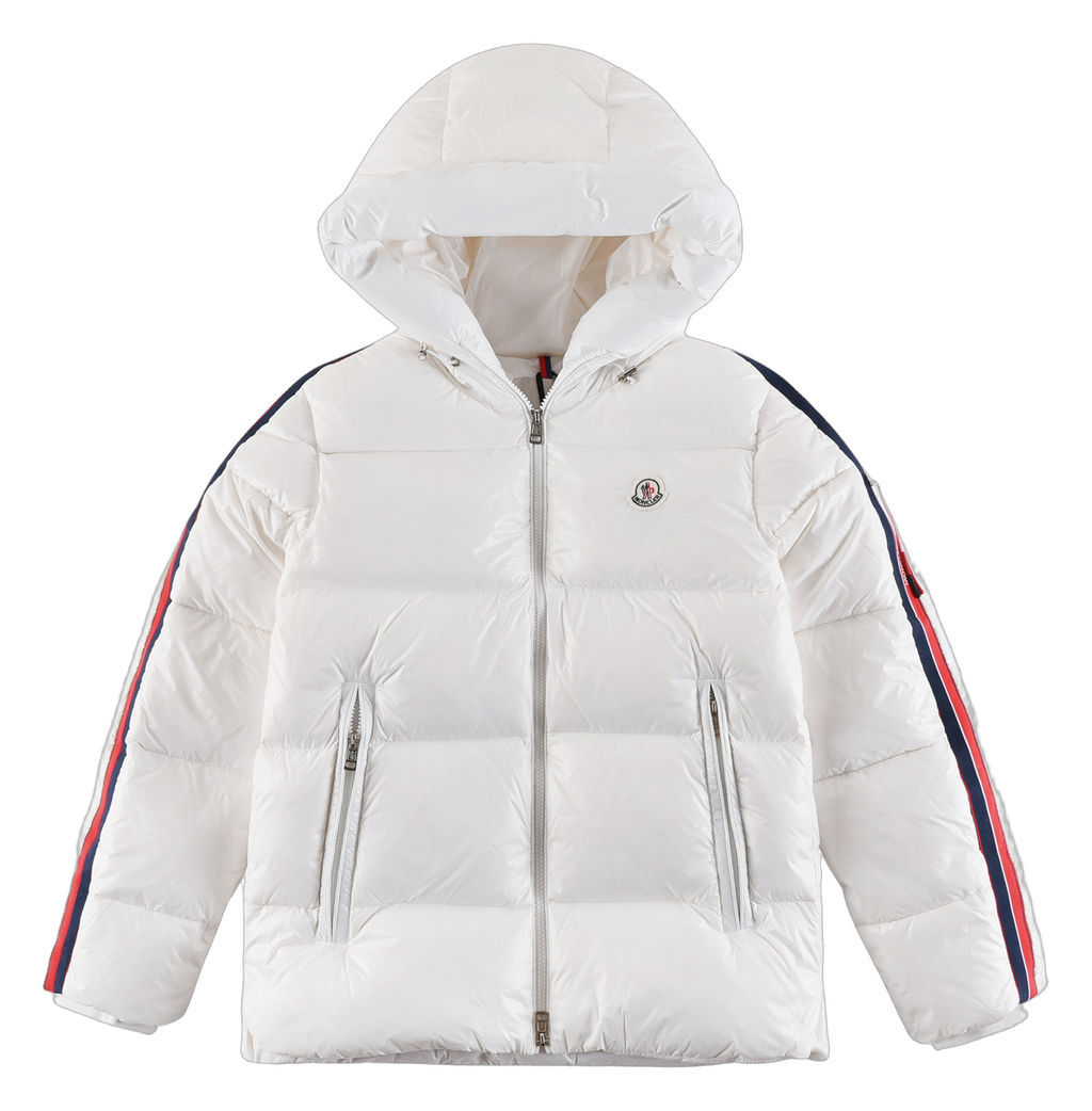 Moncler Tricolour Sleeve-Stripe Hooded Down Puffer Jacket – White
