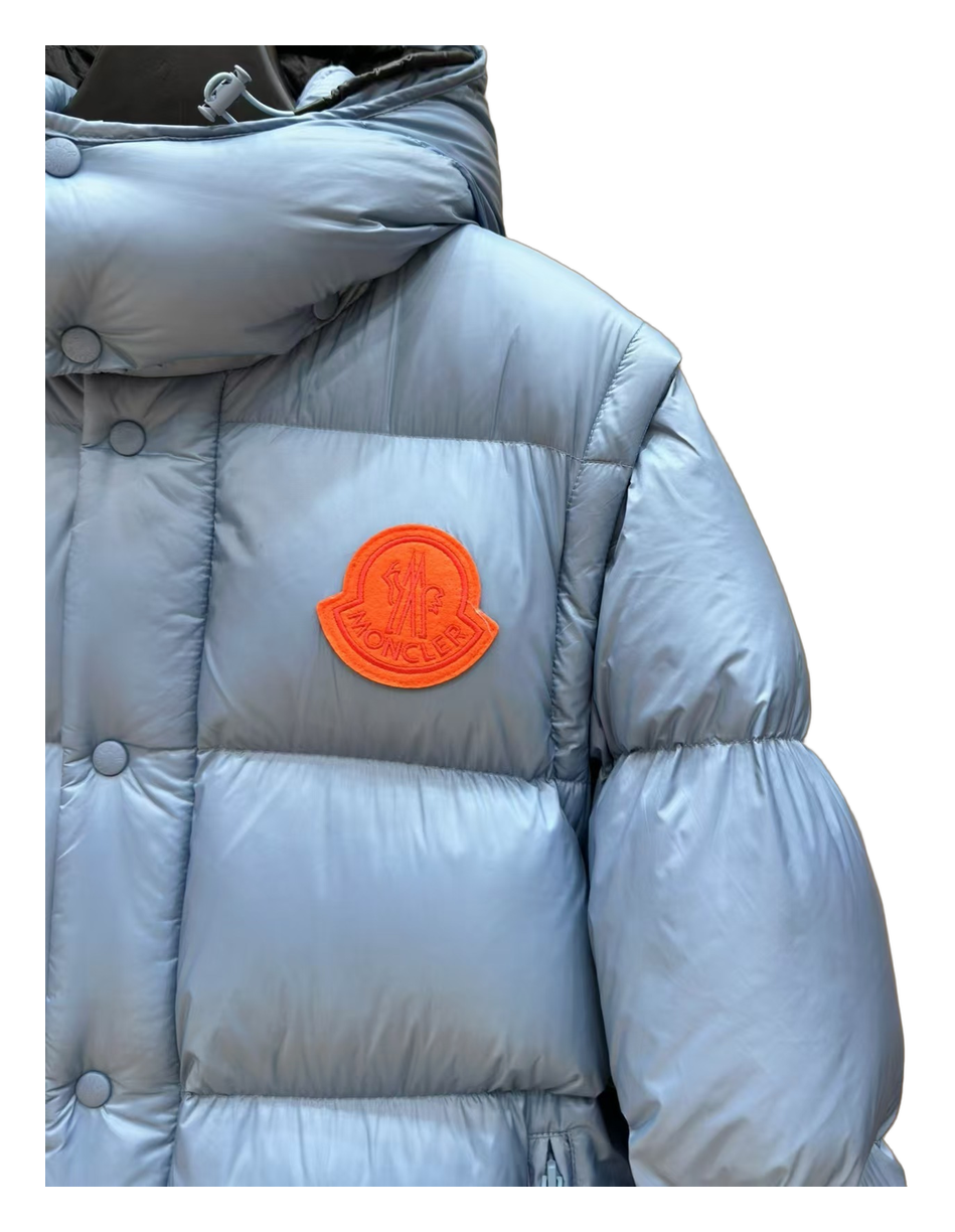 Moncler Hooded Down Puffer Jacket with Orange Badge - Ice Blue
