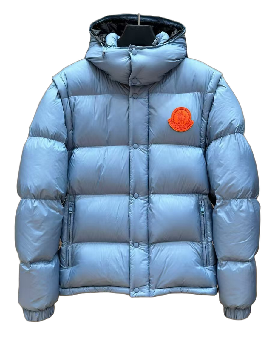 Moncler Hooded Down Puffer Jacket with Orange Badge - Ice Blue