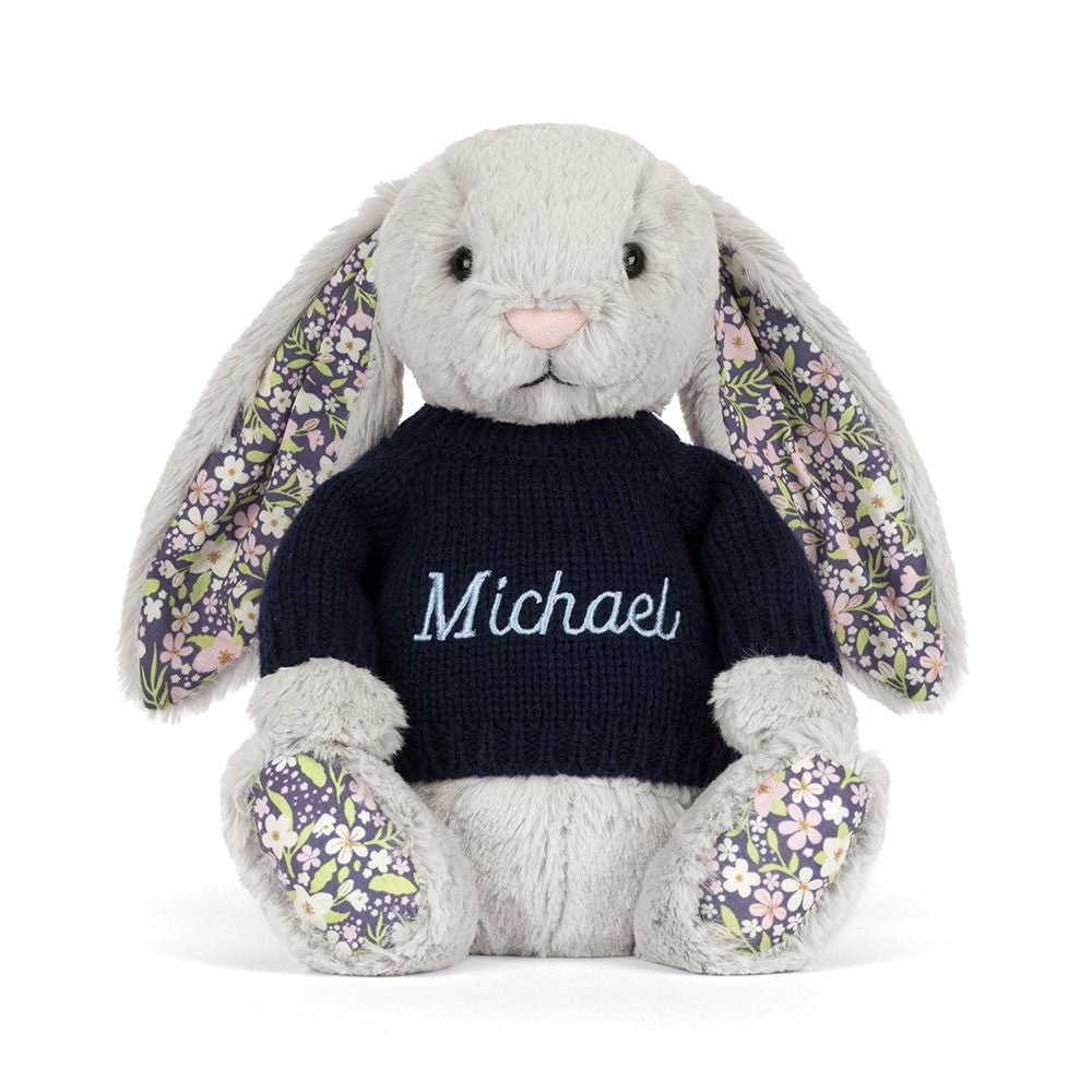 Blossom Silver Bunny 'Bloom' with Personalized Navy Jumper