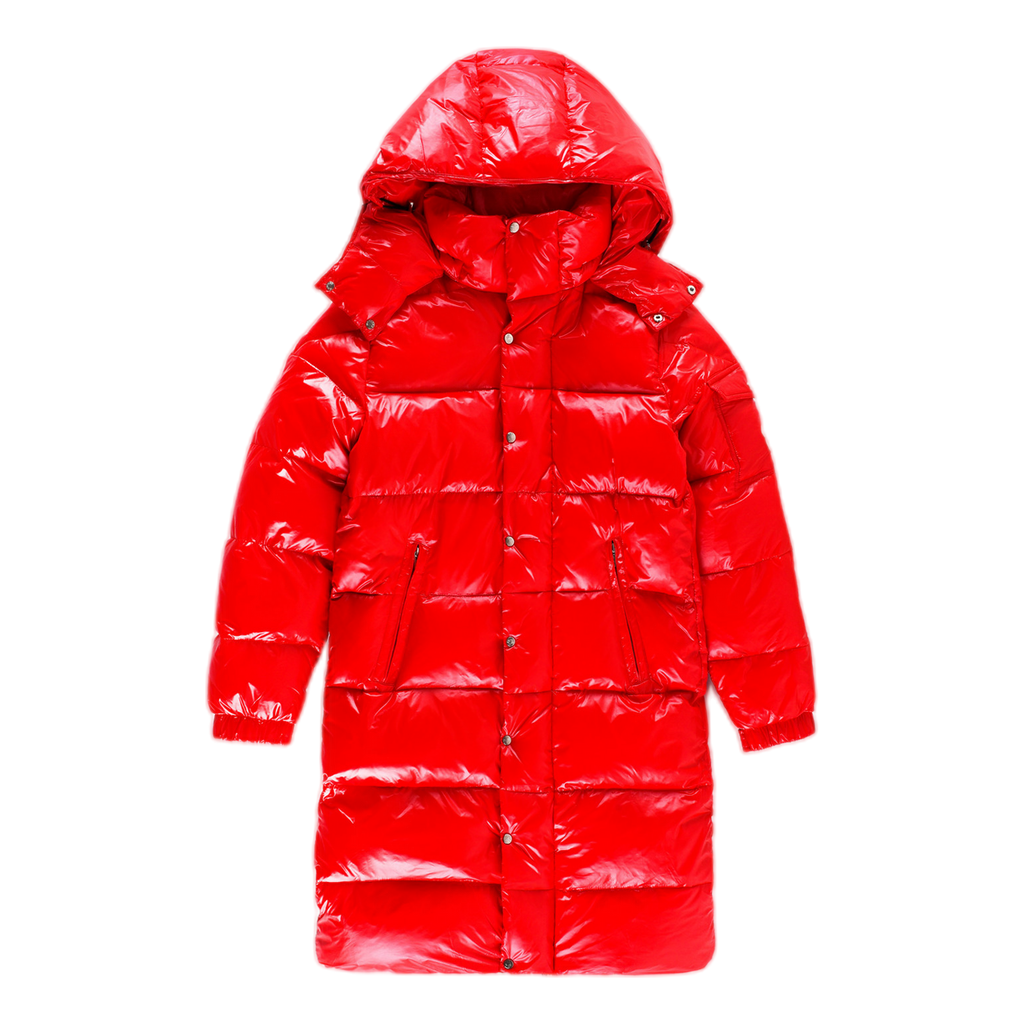 Moncler Hanoverian Glossy Red Hooded Long Down Puffer Coat