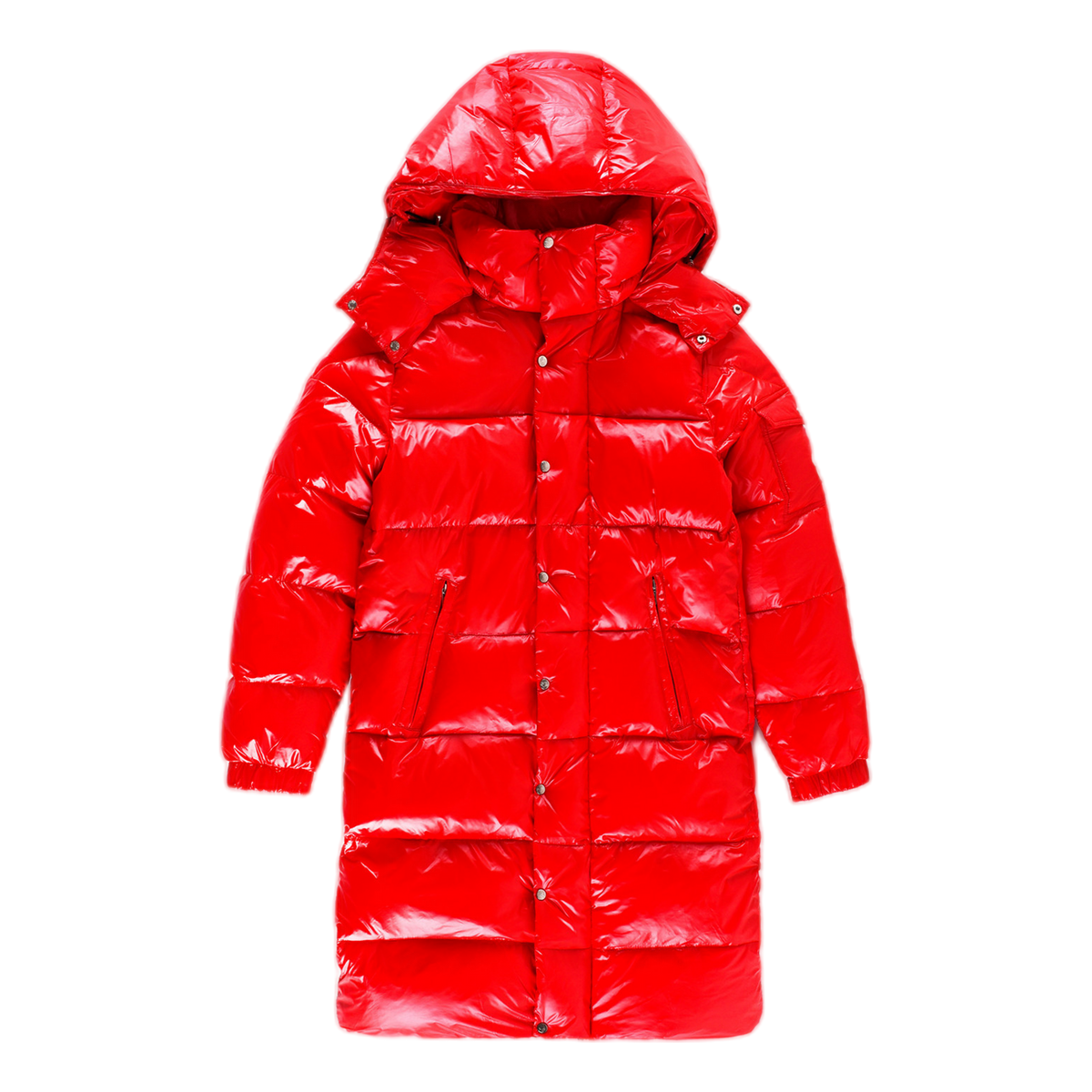 Moncler Hanoverian Glossy Red Hooded Long Down Puffer Coat
