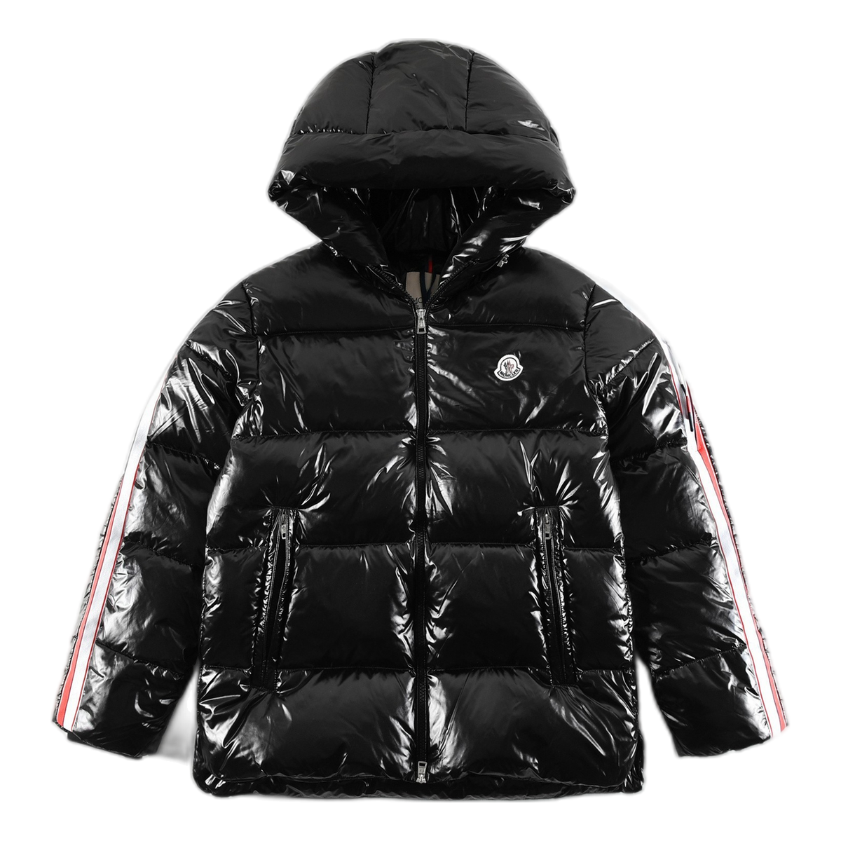 Moncler Glossy Tricolour Sleeve-Stripe Hooded Down Puffer Jacket