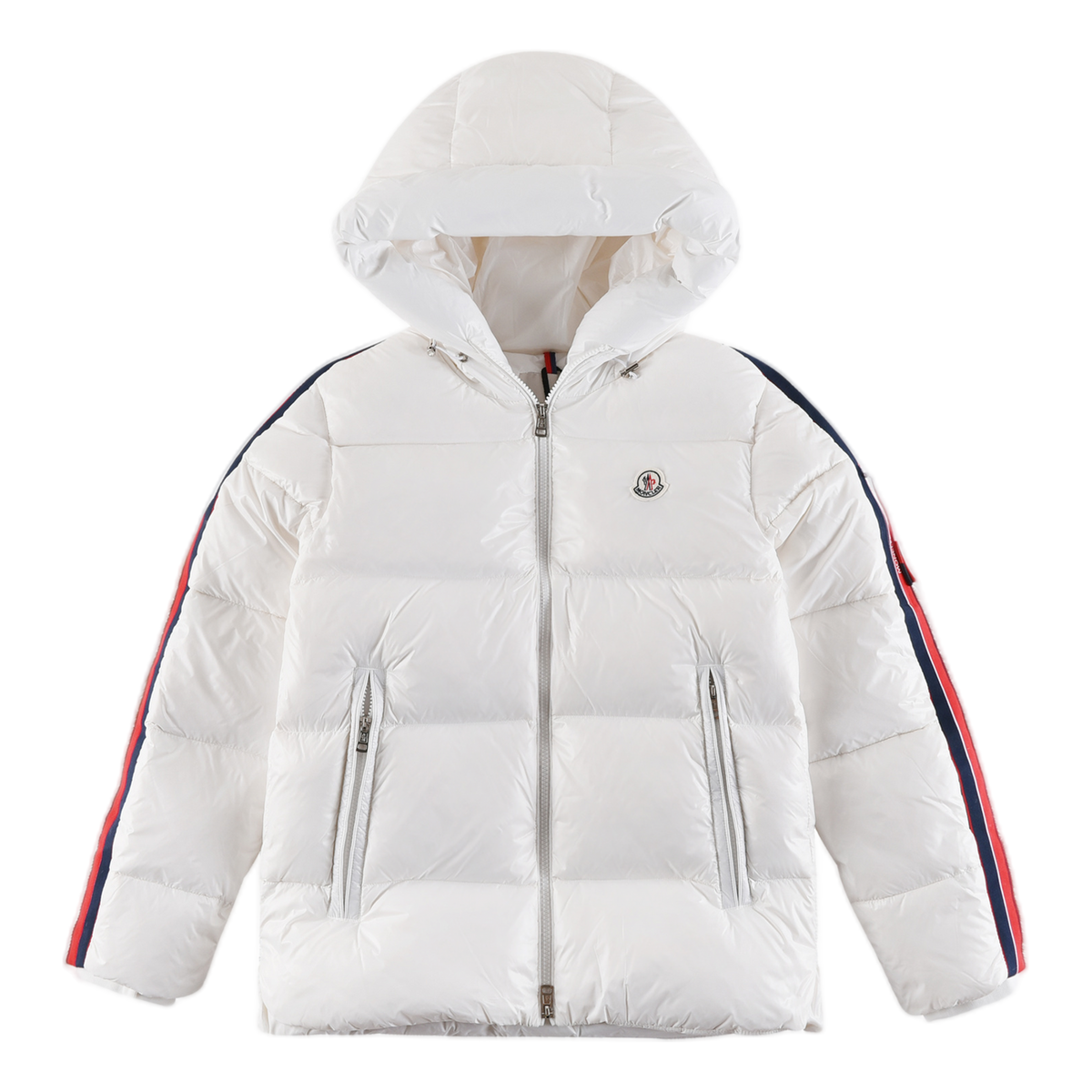 Moncler Glossy Tricolour Sleeve-Stripe Hooded Down Puffer Jacket