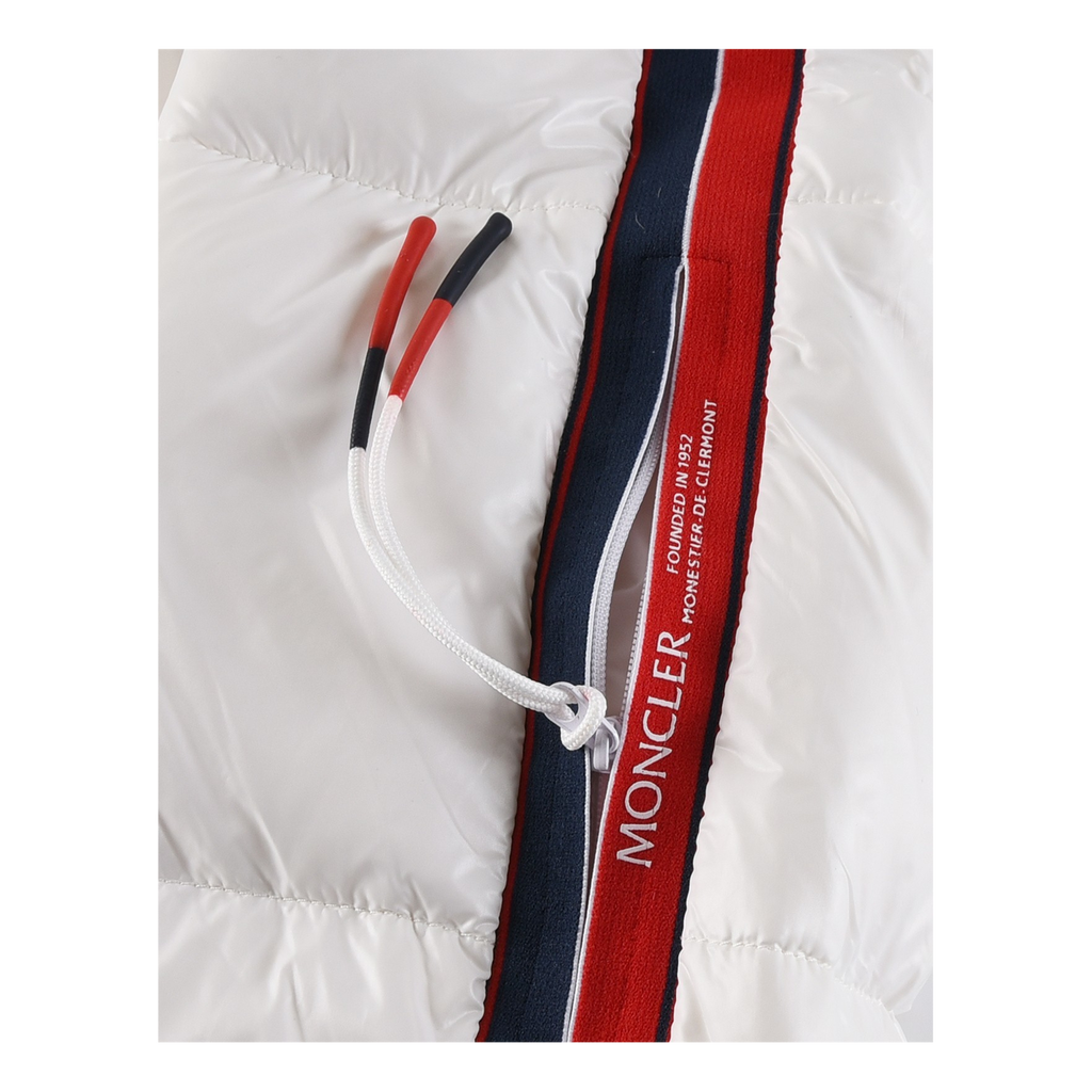 Moncler Glossy Tricolour Sleeve-Stripe Hooded Down Puffer Jacket