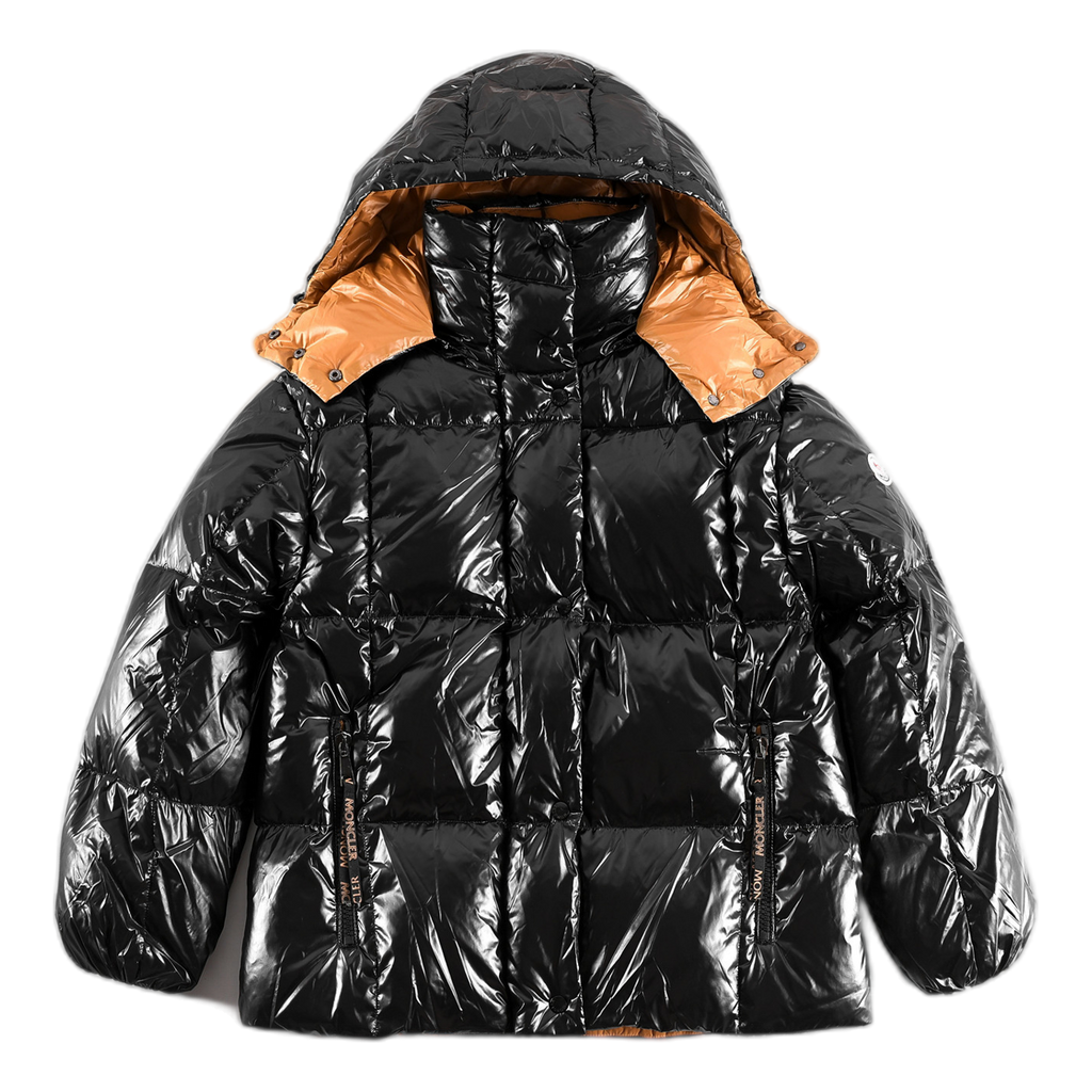 Moncler Glossy Black Short Down Puffer Jacket with Copper-Colored Lining