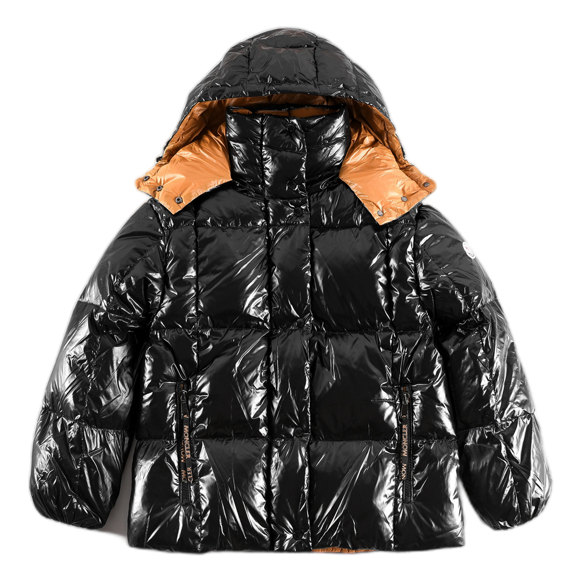 Moncler Glossy Black Short Down Puffer Jacket with Copper-Colored Lining