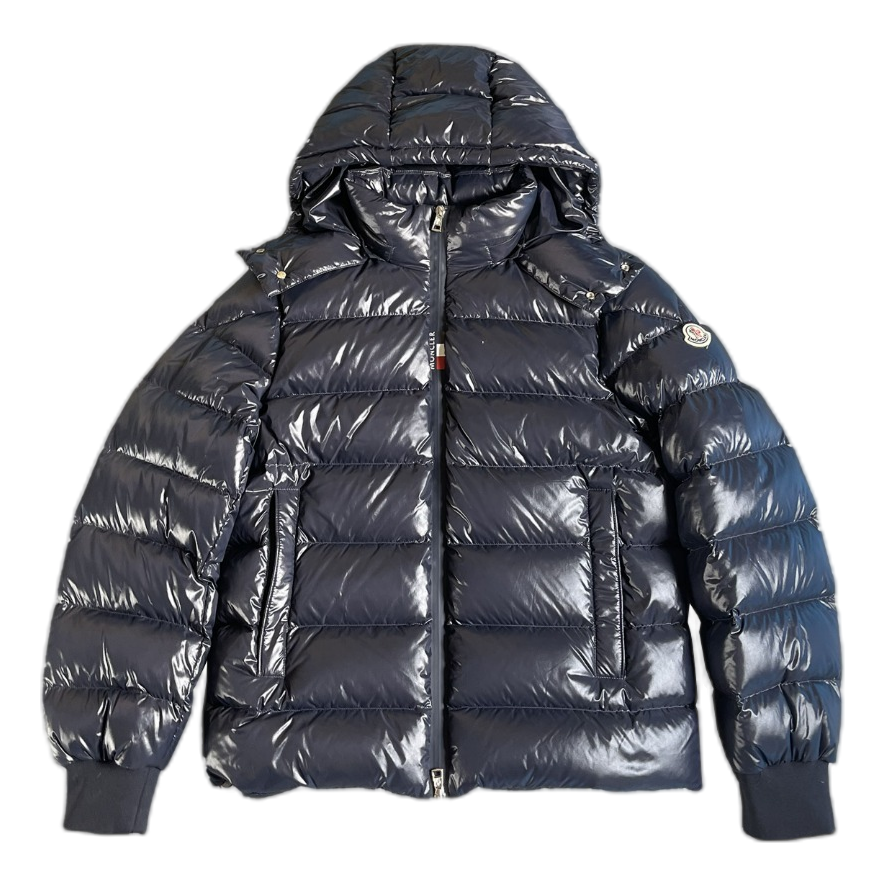 Moncler Glossy Navy Hooded Down Puffer Jacket with Logo Zip