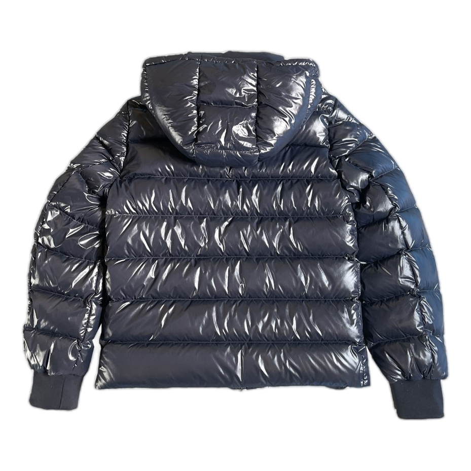 Moncler Glossy Navy Hooded Down Puffer Jacket with Logo Zip