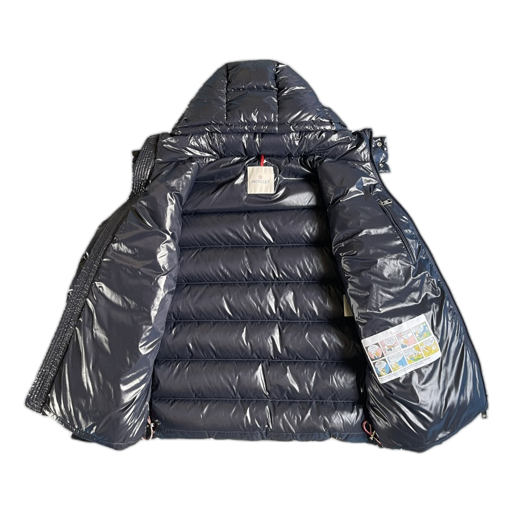 Moncler Glossy Navy Hooded Down Puffer Jacket with Logo Zip