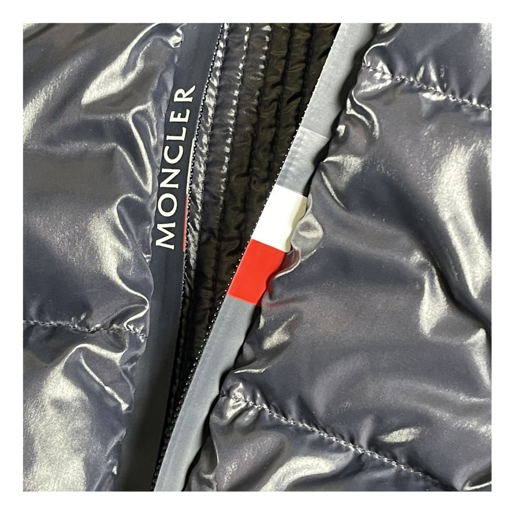 Moncler Glossy Navy Hooded Down Puffer Jacket with Logo Zip