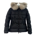 Moncler Cinched-Waist Fur-Trim Hooded Down Jacket in Black
