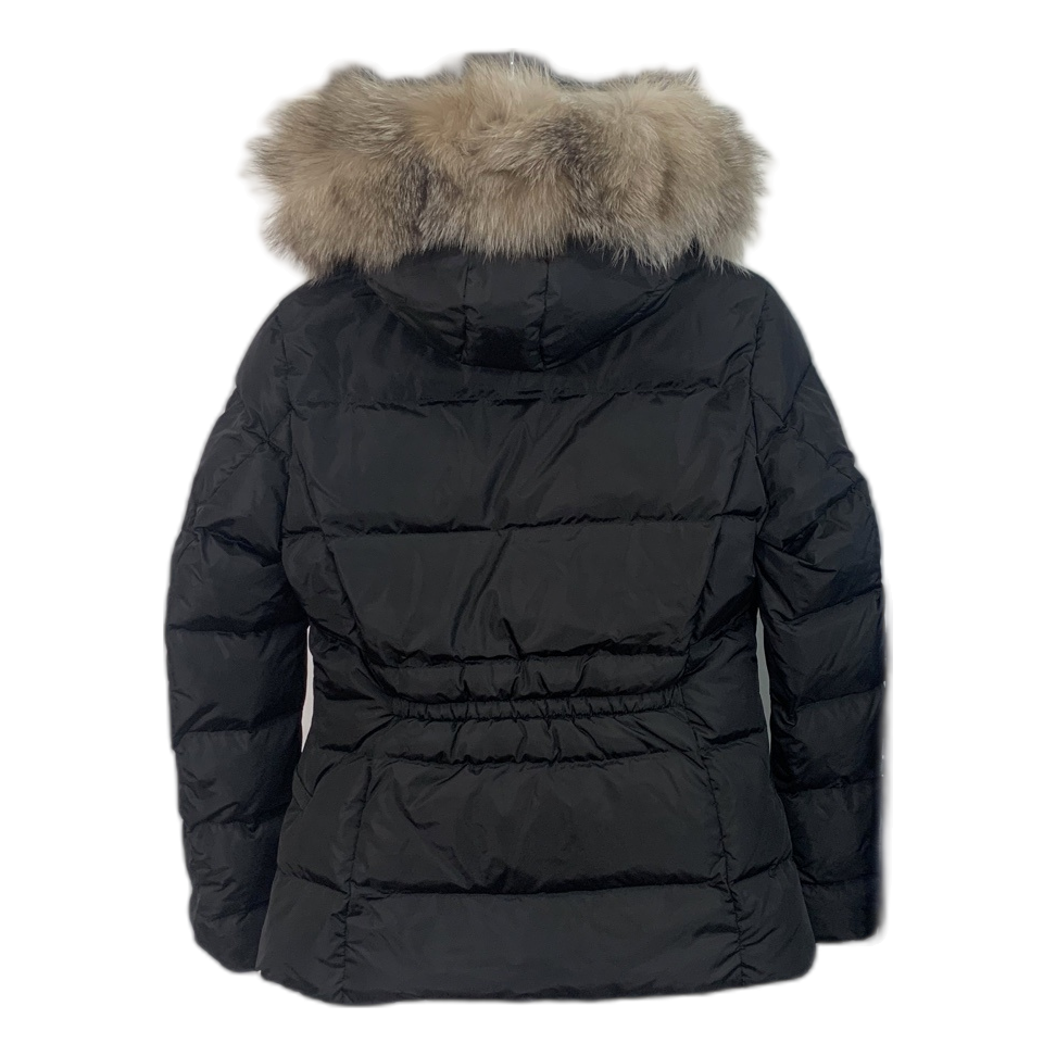 Moncler Cinched-Waist Fur-Trim Hooded Down Jacket in Black