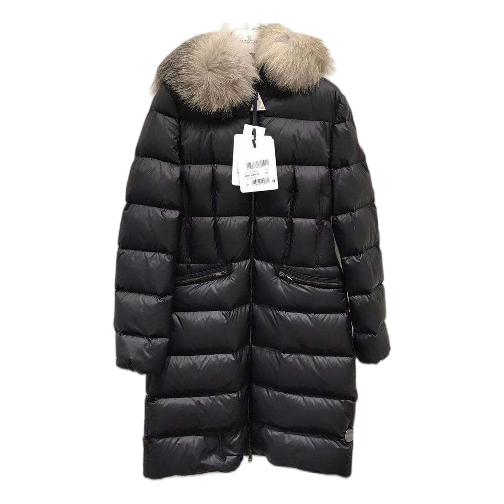 Moncler Four-Pocket Fur-Trim Hooded Long Down Coat in Black