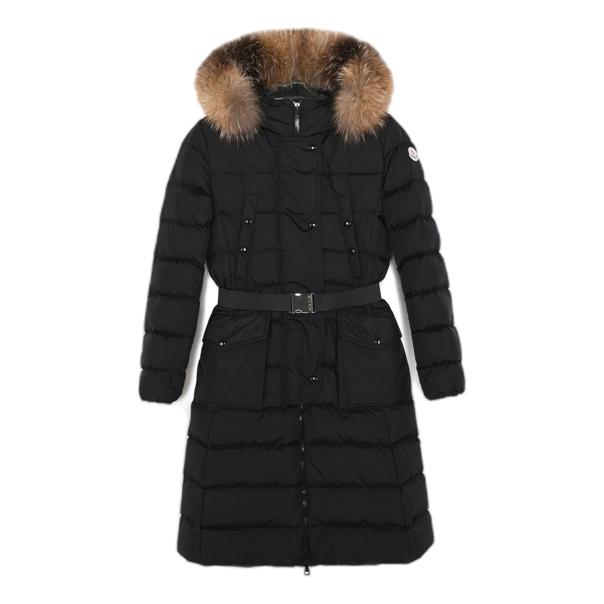 Moncler Khloe Belted Fur-Trim Hooded Long Down Coat in Black