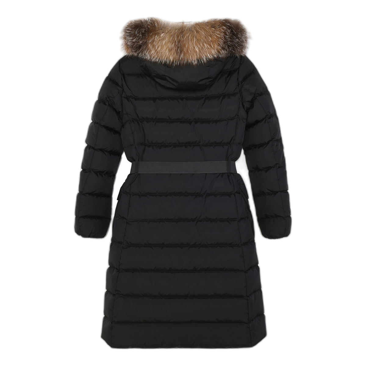 Moncler Khloe Belted Fur-Trim Hooded Long Down Coat in Black
