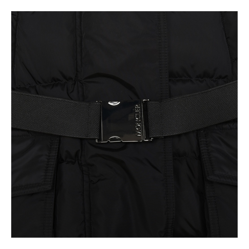 Moncler Khloe Belted Fur-Trim Hooded Long Down Coat in Black