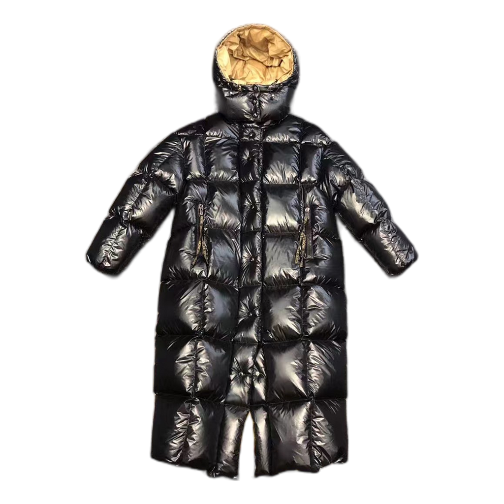 Moncler Glossy Black Long Down Puffer Coat with Gold Lining
