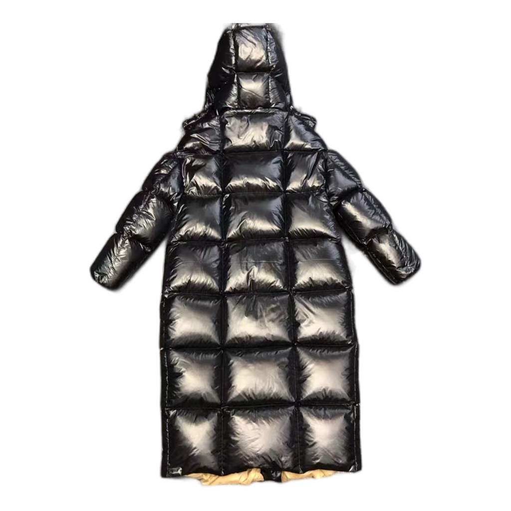Moncler Glossy Black Long Down Puffer Coat with Gold Lining