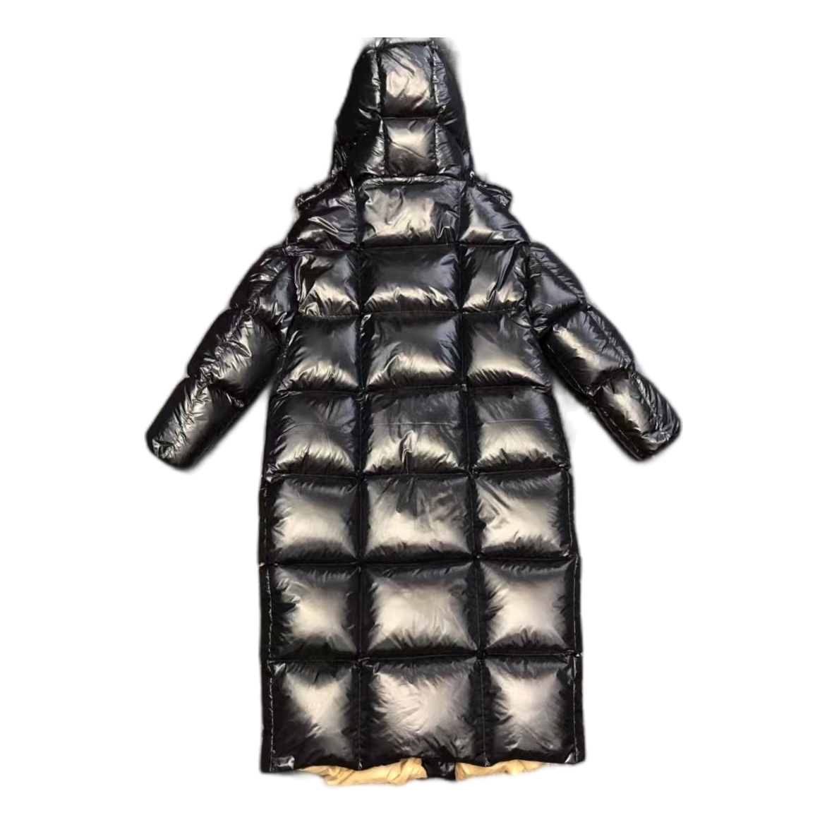 Moncler Glossy Black Long Down Puffer Coat with Gold Lining