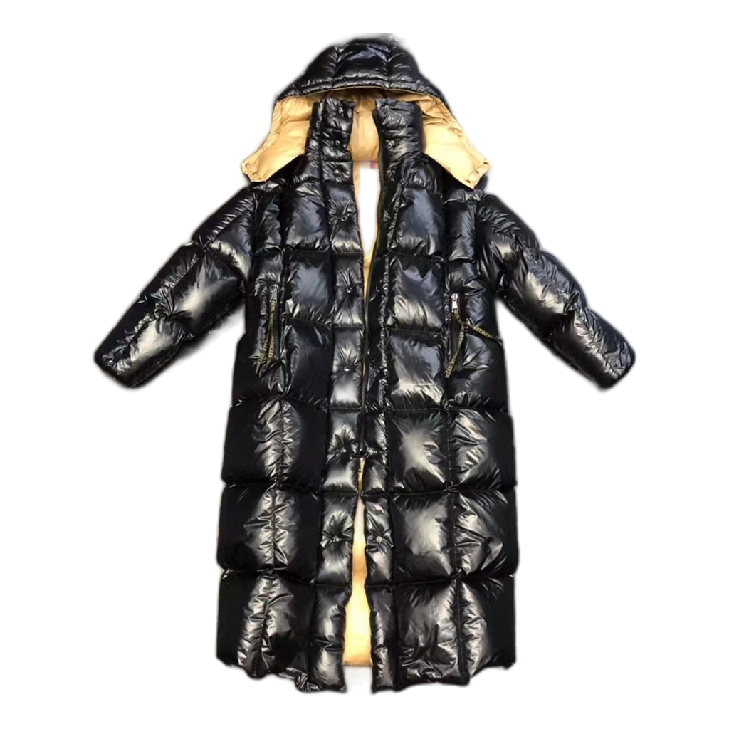 Moncler Glossy Black Long Down Puffer Coat with Gold Lining