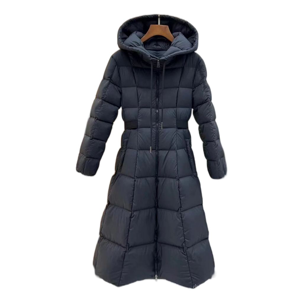 Moncler Fitted Long Down Coat with Drawstring Hood in Black