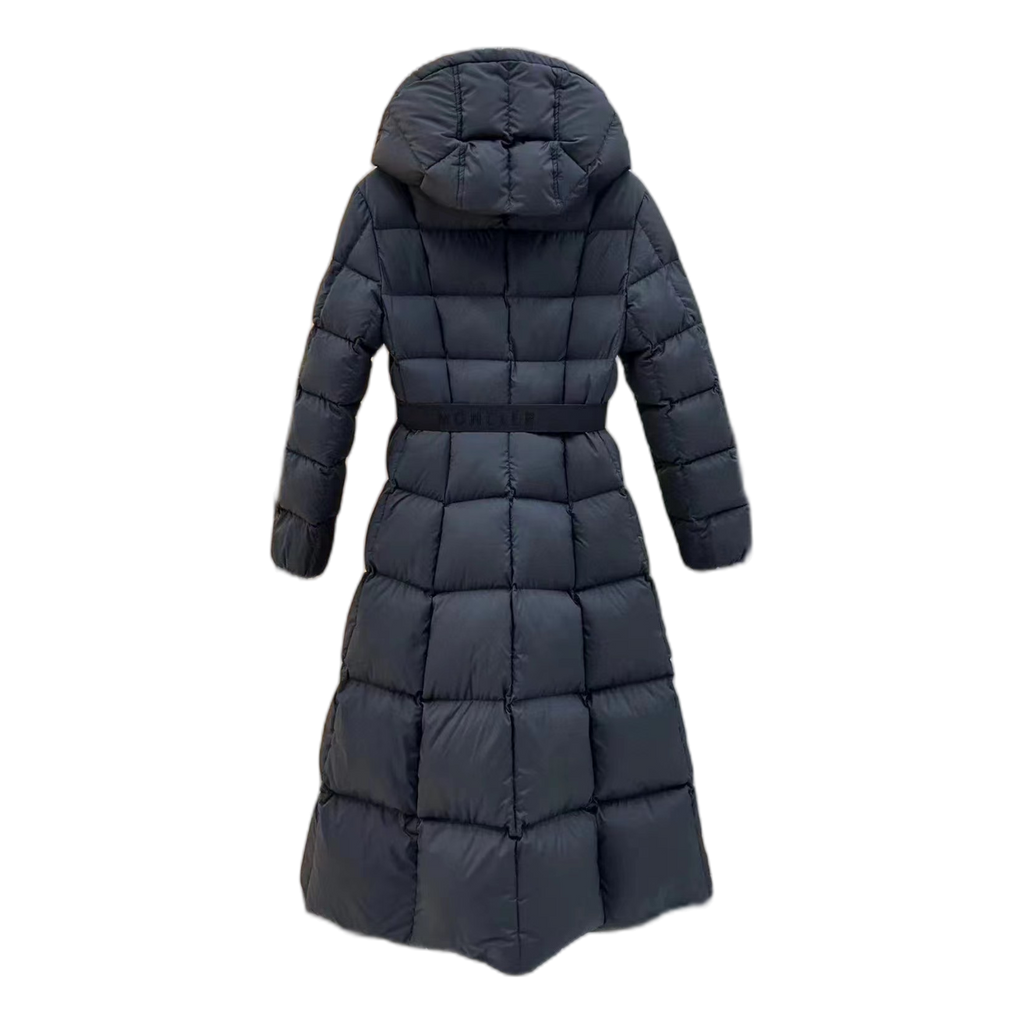 Moncler Fitted Long Down Coat with Drawstring Hood in Black