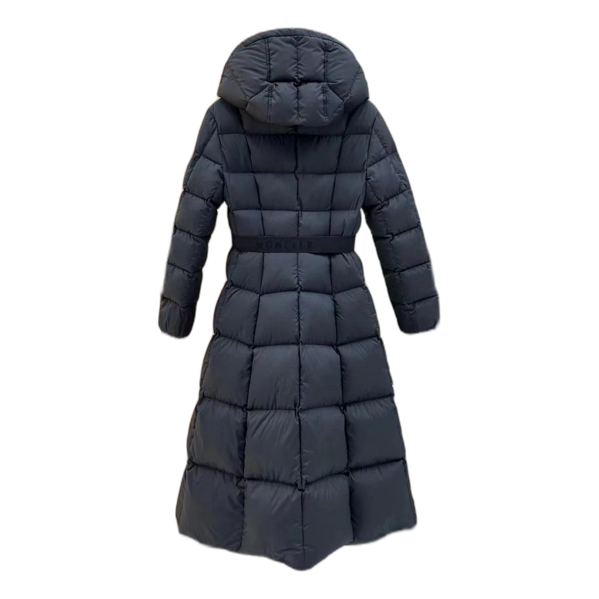 Moncler Fitted Long Down Coat with Drawstring Hood in Black