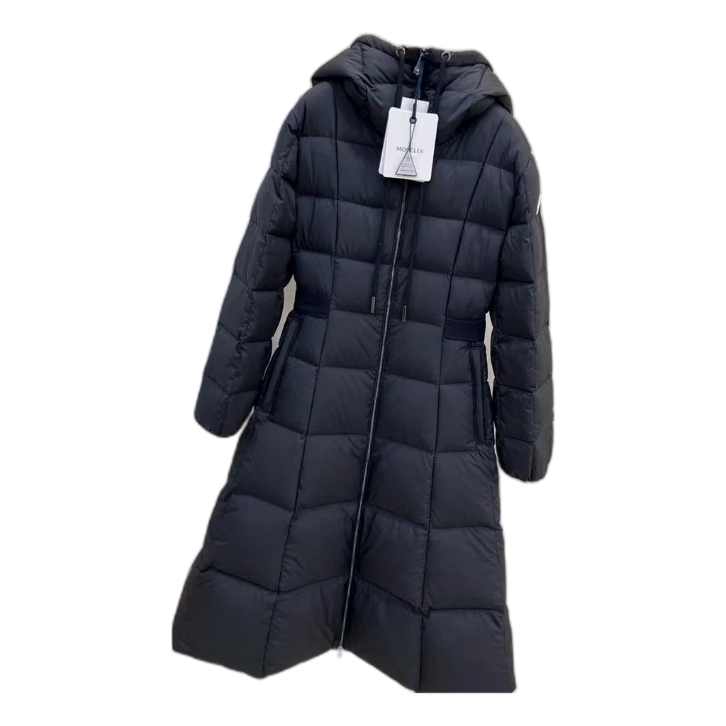 Moncler Fitted Long Down Coat with Drawstring Hood in Black