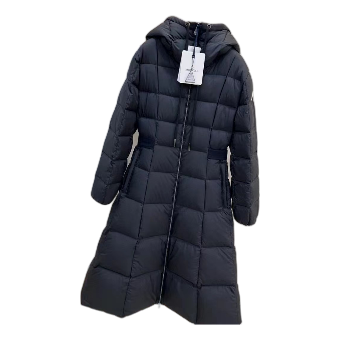 Moncler Fitted Long Down Coat with Drawstring Hood in Black