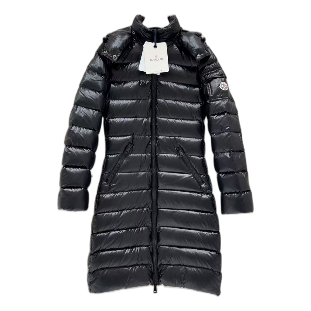 Moncler Long Quilted Down Coat with Fur-Trim Hood - Black