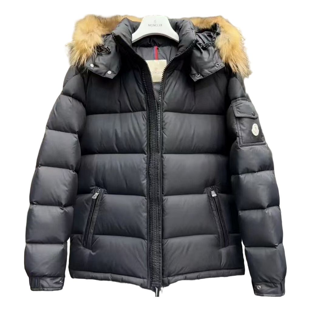 Moncler Fur-Trim Hooded Down Puffer Jacket in Black