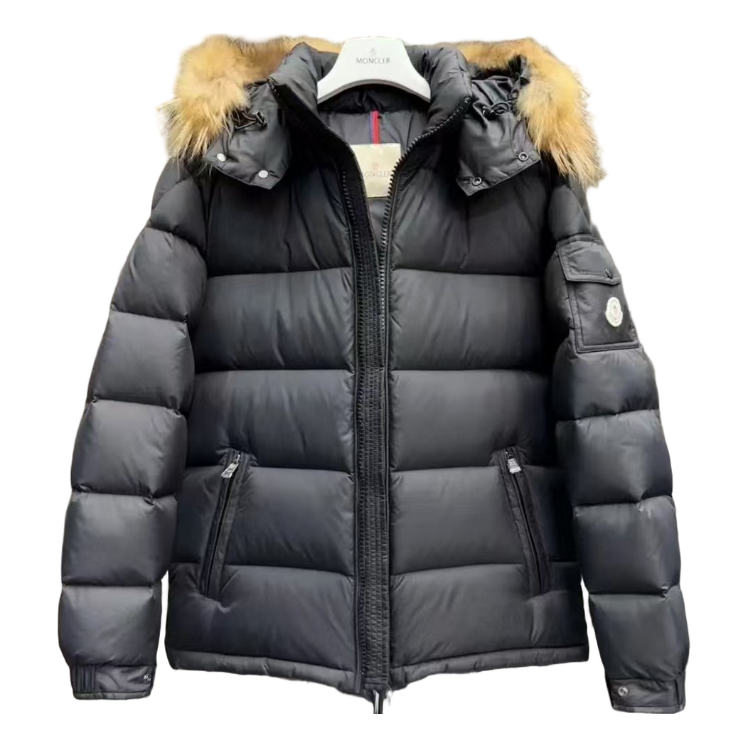 Moncler Fur-Trim Hooded Down Puffer Jacket in Black